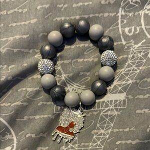 Gray and Silver Beaded Bracelet with Blingy Queen Charm